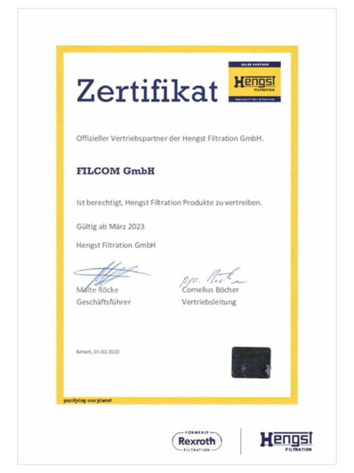 Vertriebspartner Zertifikat Hengst Filtration