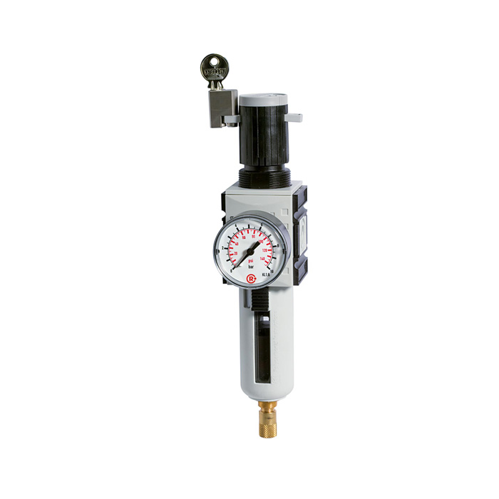 Filterregler FUTURA, Polycarbonatbehälter, Schutzkorb, Manometer, BG 1, G 3/8, 0,1-2 bar, VA