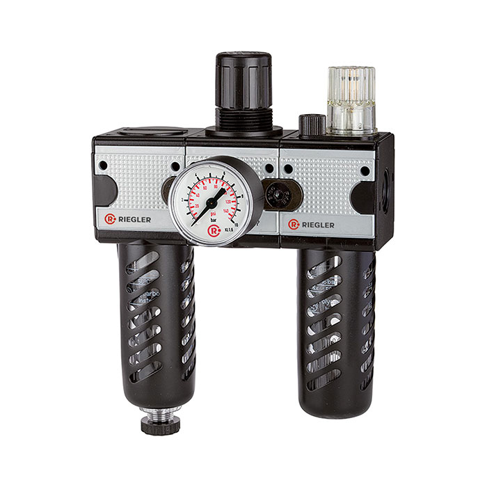 RIEGLER Wartungseinheit 3-tlg. »multifix«, PC-Beh., Schutzkorb, BG1, G3/8