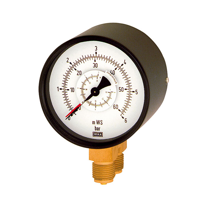 RIEGLER Differential pressure gauge, parallel, 2 x G 1/2, 0-4 bar, Ø 100