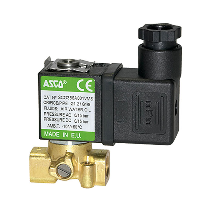 RIEGLER 3/2-way solenoid valve brass, NC, 230/50 V AC, 50 Hz, FKM, G 1/8