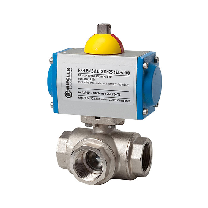RIEGLER 3-way brass ball valve, Pneuma. actuation drive, T-hole, Rp 1 1/4