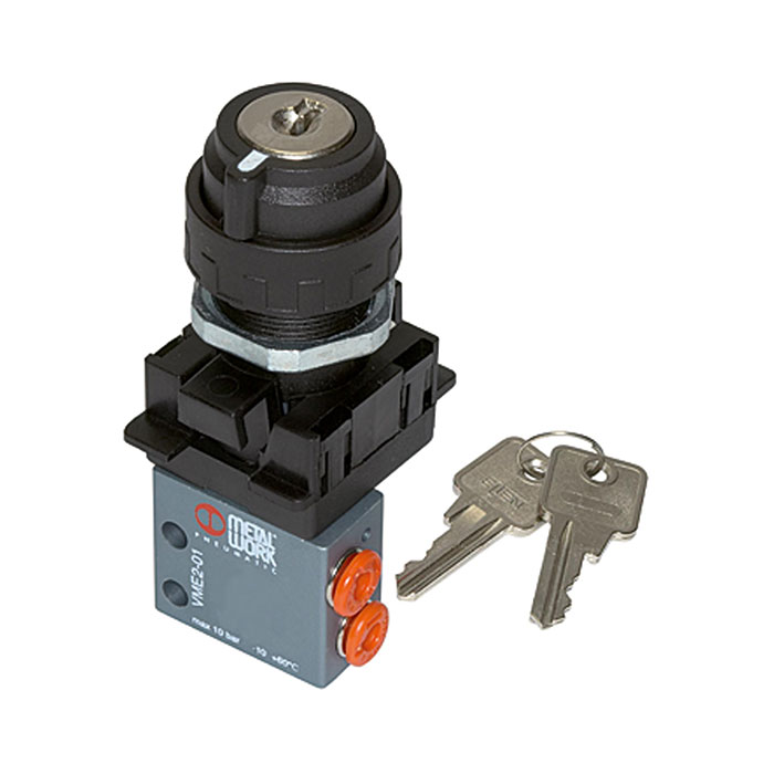 RIEGLER 3/2-way mini valve, manual, Pull switch, NC bistable 4 mm side