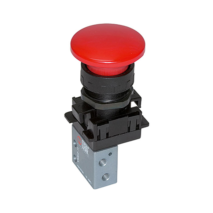 RIEGLER 3/2-way mini valve, manual, Palm button, NC, monostable M5 side