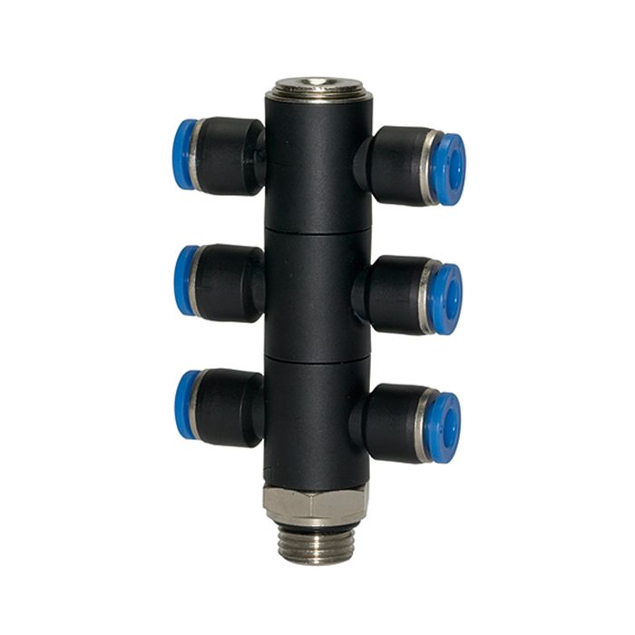 RIEGLER T-Mehrfachverteiler »Blaue Serie«, 6-fach, drehbar, G 1/8 a. Ø6mm