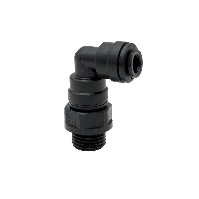 RIEGLER Angled screw-in fitting POM, G 1/4 o., for hose exterior Ø 10 mm