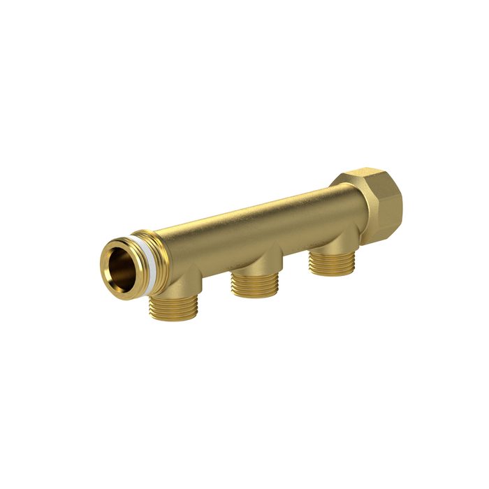 RIEGLER Distributor pipe, 3 outlets, Input 2x1, Output 3x1/2 ET, Brass