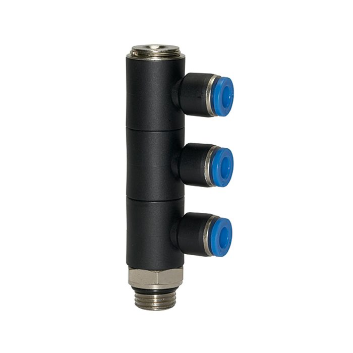 RIEGLER L-Mehrfachverteiler »Blaue Serie«, 3-fach, drehbar, G 3/8 a. Ø6mm