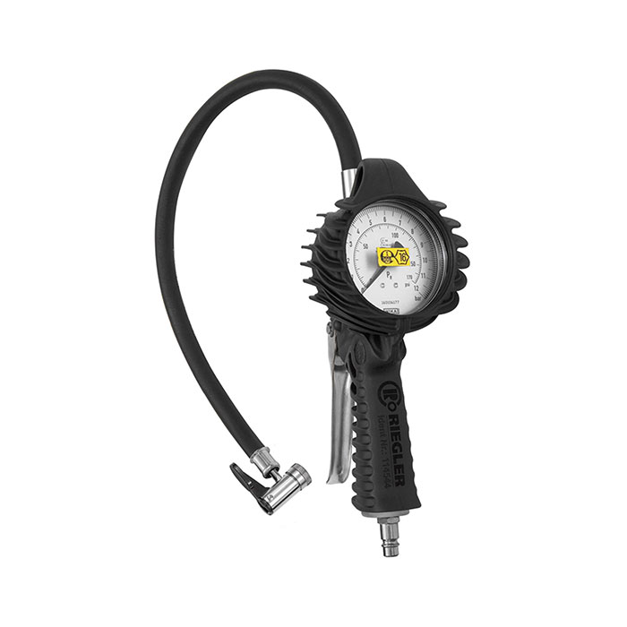 RIEGLER Stand. man. tyre gauge, tyre valve connector, Calibrated 0-12 bar