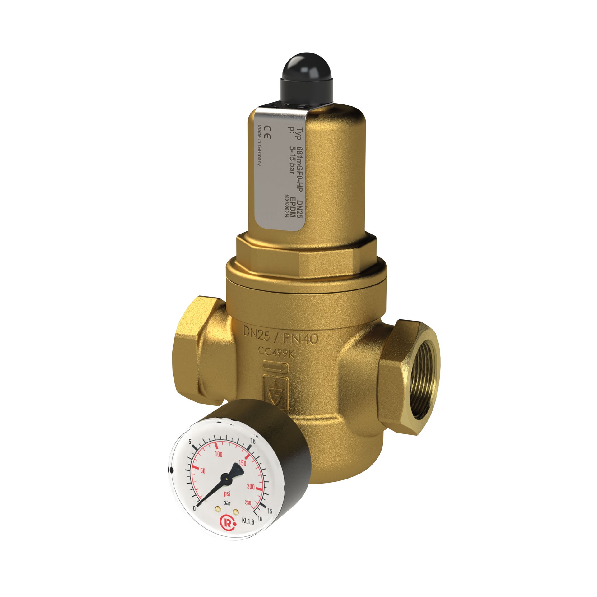 RIEGLER pressure regulator for drinking water, gunmetal, w. Mano, G 3/4 IG, 5 - 15 bar