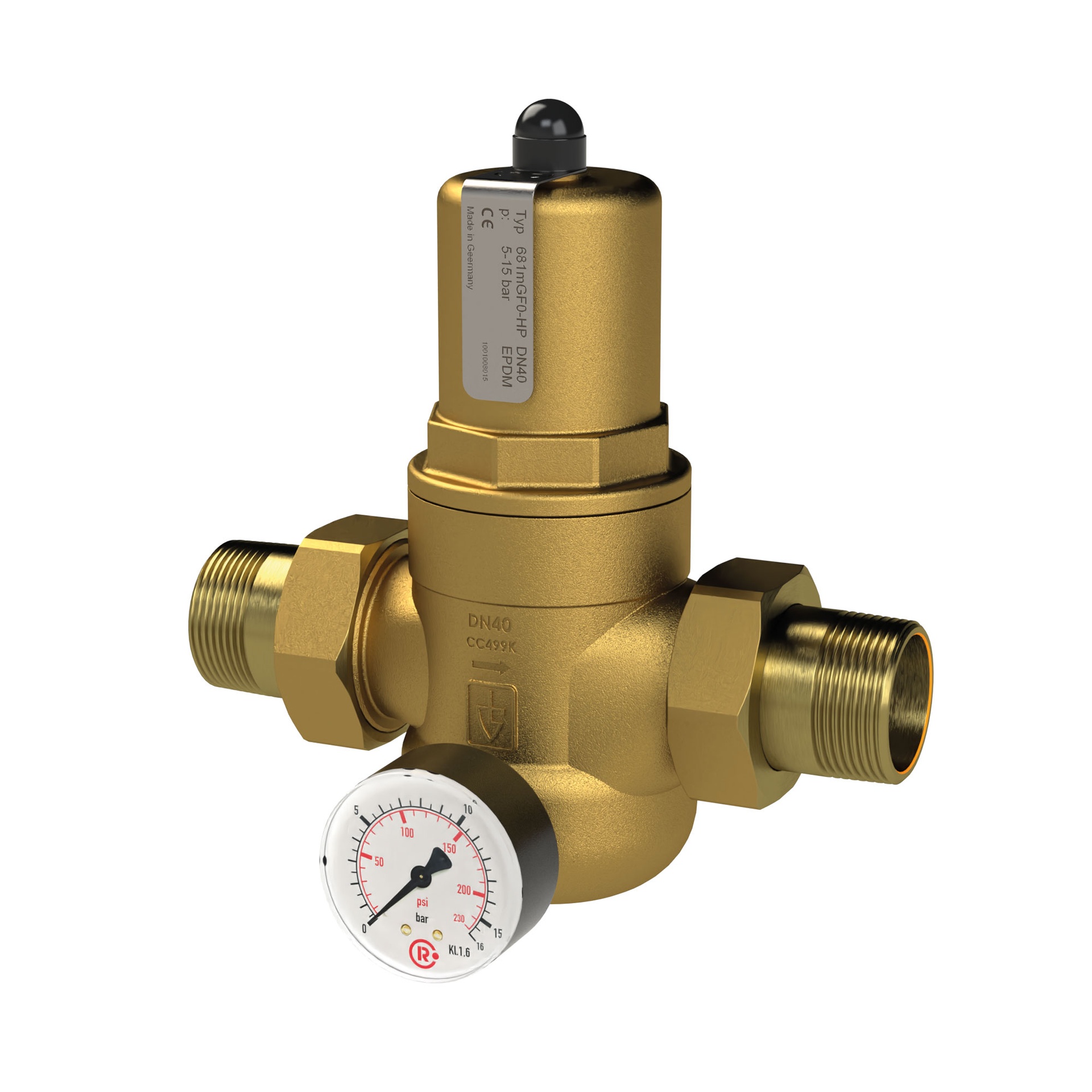 RIEGLER pressure regulator for drinking water, gunmetal, w. Mano, R 1 1/4 AG, 5 - 15 bar