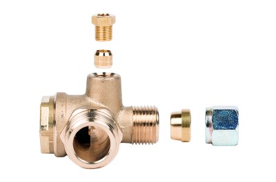 Angle non-return valve 1/2" Outlet 3/8" for hose OD 10 mm Outlet 1/8" for hose OD 6 mm