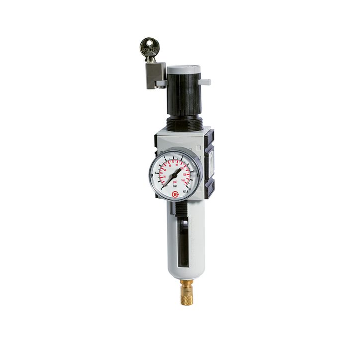 [151810] Filterregler FUTURA, Polycarbonatbehälter, Schutzkorb, Manometer, BG 4, G 1, 0,1-2 bar, VA