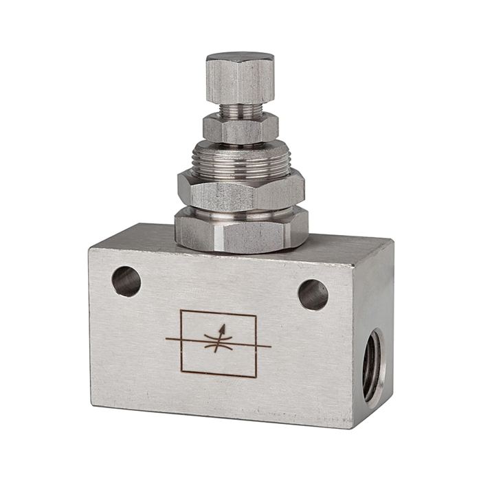 [103813] RIEGLER Throttle valve, in block shape, Stainless steel 1.4404, G 1/8