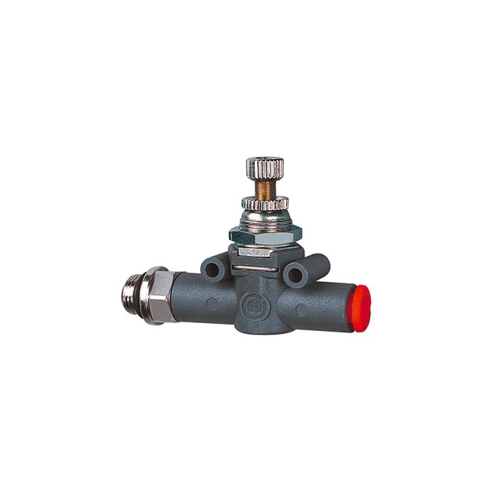 [106738] RIEGLER Bidir. flow contr. valve Flow both sides thread-hose G1/4 hose Ø6
