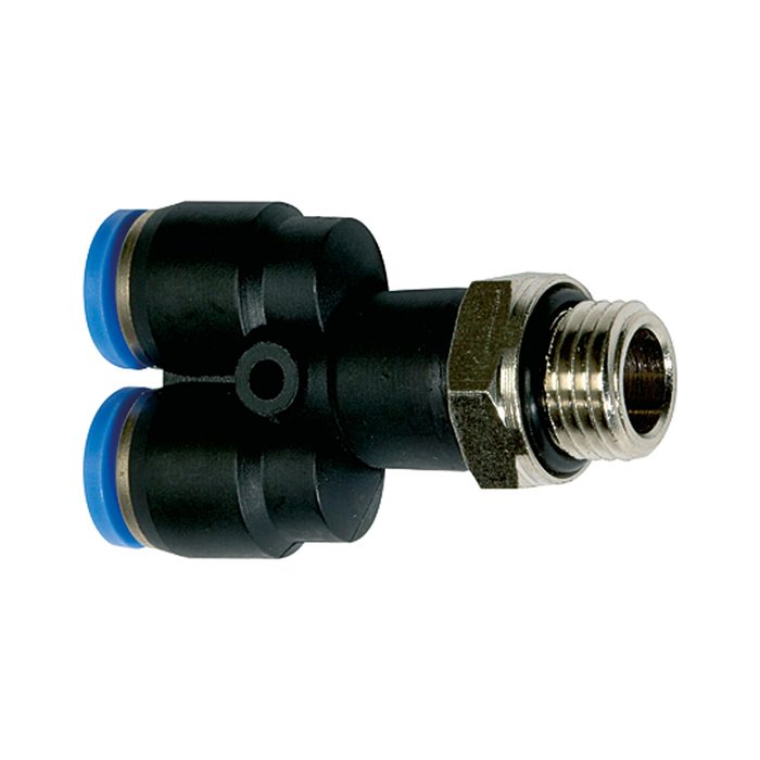 [109584] RIEGLER Y-Steckverschraubung »Blaue Serie«, drehbar, M5 außen, Ø 6 mm