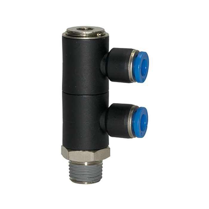 [109663] RIEGLER L-Mehrfachverteiler »Blaue Serie«, 2-fach, drehbar, R 1/4 a. Ø6mm
