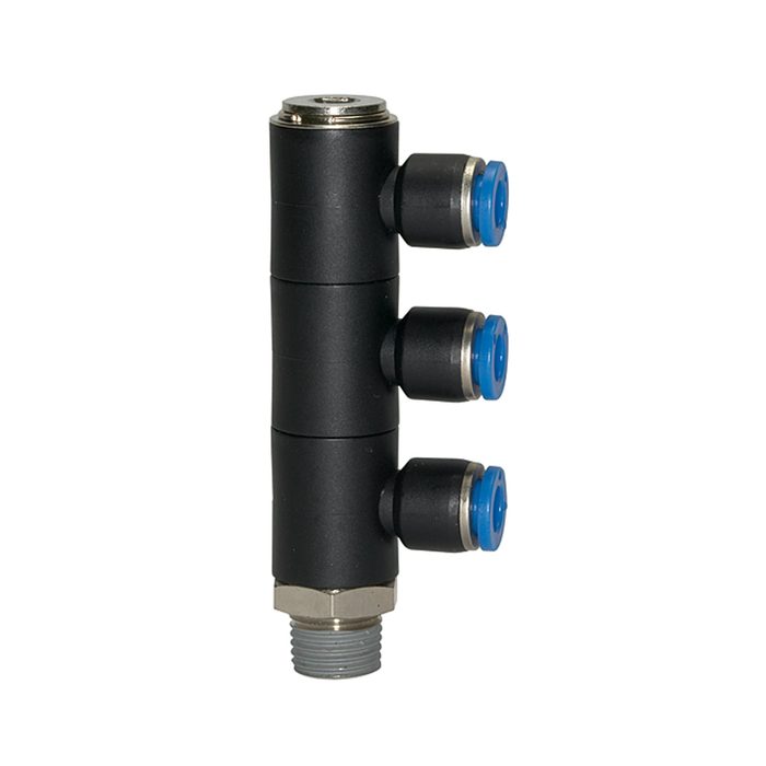 [109691] RIEGLER L-Mehrfachverteiler »Blaue Serie«, 3-fach drehbar, R 1/4 a. Ø12mm