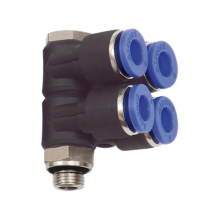 [109700] RIEGLER L-Mehrfachverteiler »Blaue Serie«, 4-fach, drehbar, G3/8 a. Ø10mm