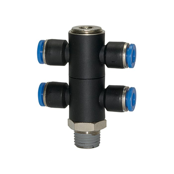 [109755] RIEGLER T-multi-distributor »Blue Series«, 4-fold, rotating, R 1/8 o.
