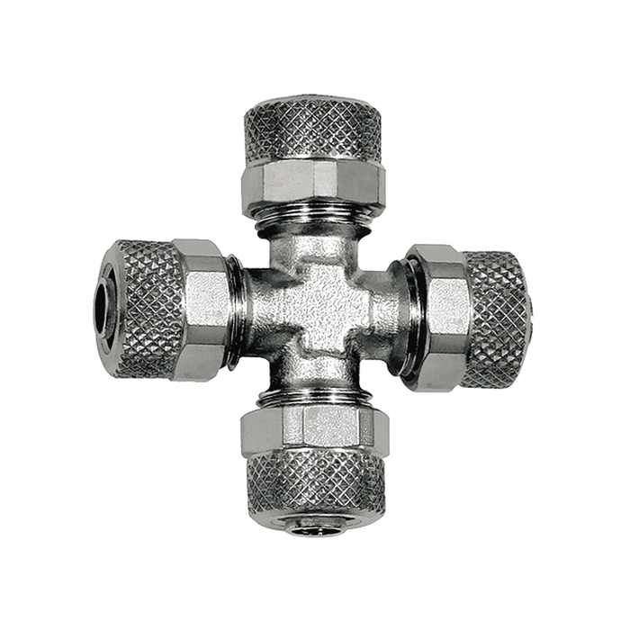 [110636] RIEGLER Kreuzverbindung, für Schlauch 5/3 mm, SW 8, Messing vernickelt