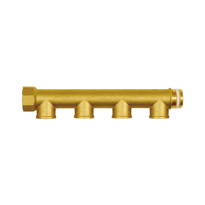 RIEGLER Distributor pipe, 4 outlets, Input 2x1, Output 4x1/2 IT, Brass