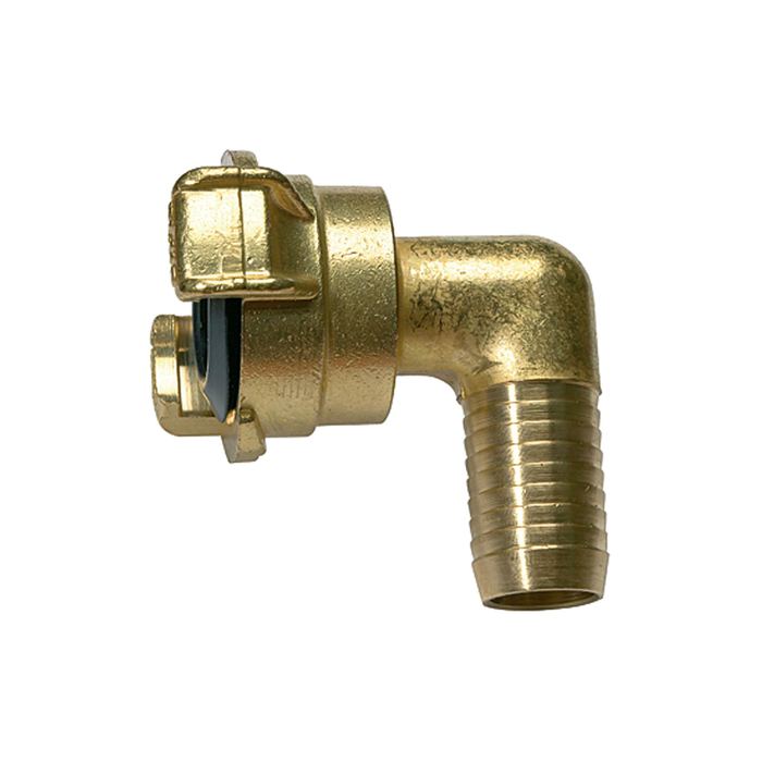 [107782] RIEGLER GEKA angled hose piece, 360° rotating, bright brass, I.D. 25
