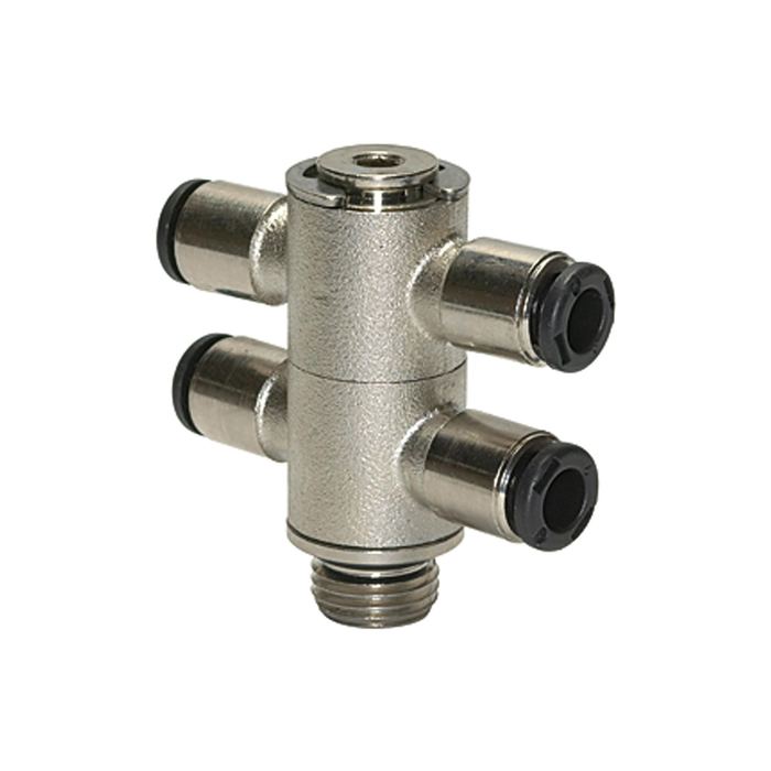 [108814] RIEGLER T-Mehrfachverteiler 4-fach »click-clock«, drehbar, M5 außen Ø 6mm