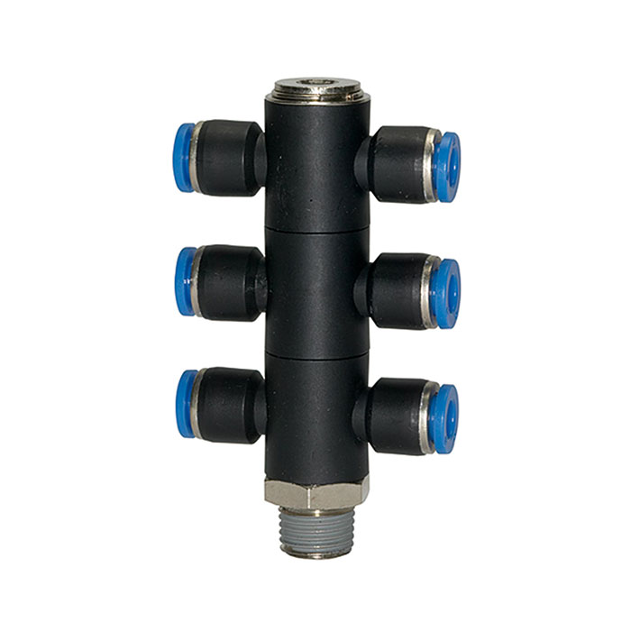 [135718] RIEGLER T-multi-distributor »Blue Series«, 6-fold, rotating, R 1/4 o.