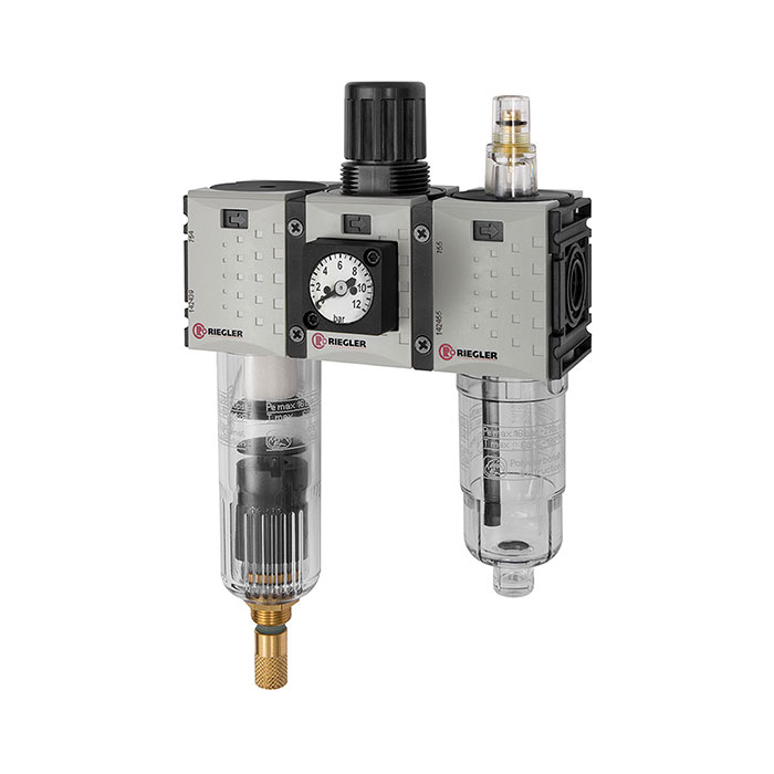 RIEGLER Service unit 3-part »FUTURA-mini« PC container, G 1/4, 0.5-8 bar