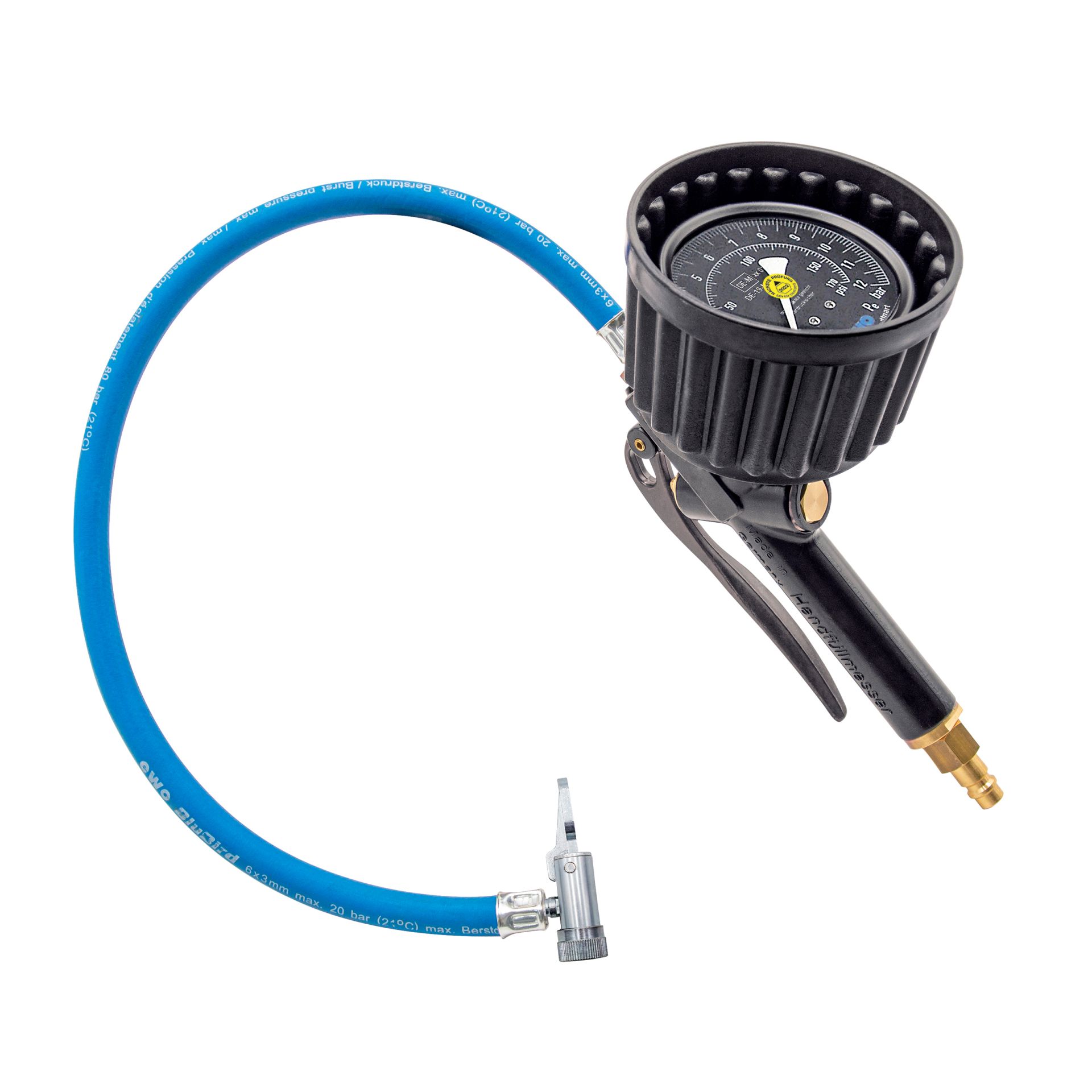 [151.2211] EWO Handreifenfüllmesser euroair, Hebelstecker, Schlauch: 0,5 m, Manometer Ø80 mm, MOP: 12 bar, konformitätsbewertet