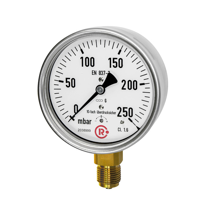 RIEGLER Kapselfedermanometer, CrNi-Stahl, G 1/2 unten, 0-250 mbar, Ø 100