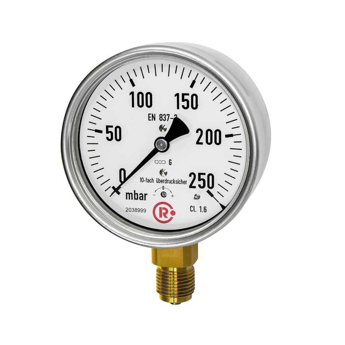 [199279] RIEGLER Kapselfedermanometer, CrNi-Stahl, G 1/2 unten, 0-250 mbar, Ø 100