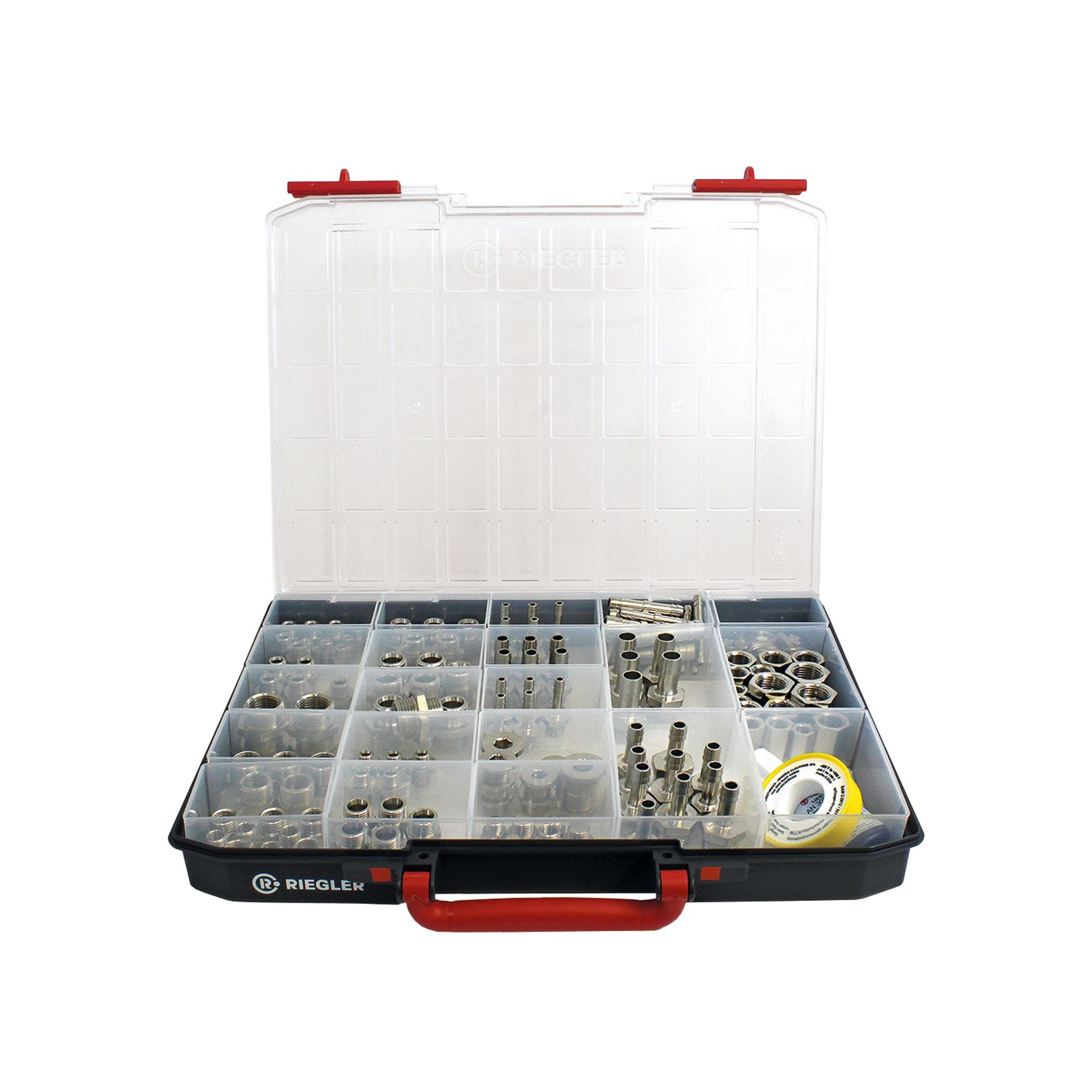 [148958] RIEGLER assortment box, nickel-plated brass turned parts